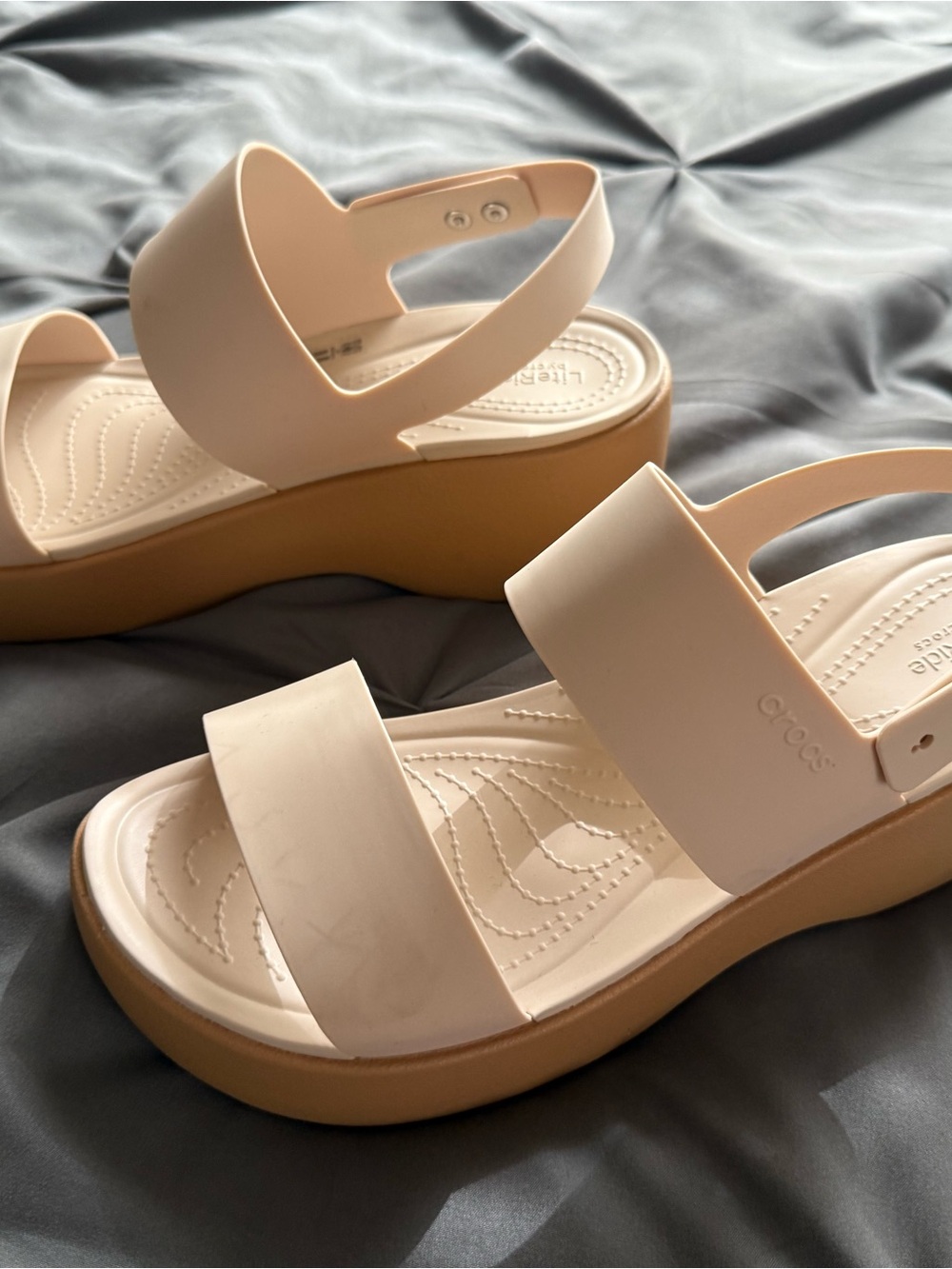 CROCS Women’s Cream Platform Sandals with Tan Wedge - Picture 3 of 3